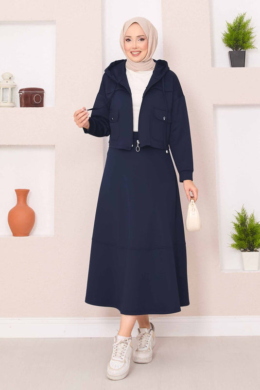 Ensemble Hijab Jupe Courte À Capuche Zippée Bleu Marine