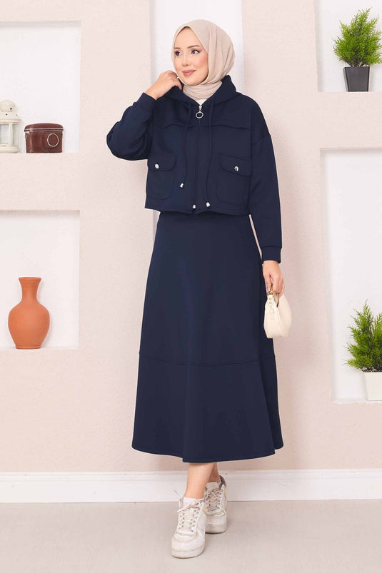 بدلة حجاب تنورة قصيرة بغطاء رأس وسحاب باللون الأزرق الداكن