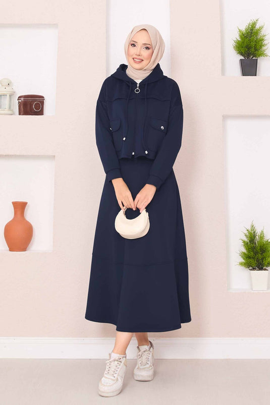 بدلة حجاب تنورة قصيرة بغطاء رأس وسحاب باللون الأزرق الداكن