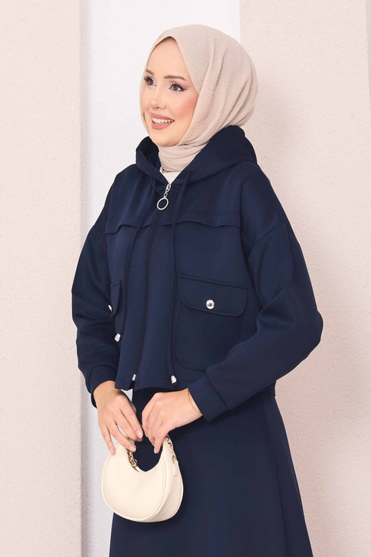 Ensemble Hijab Jupe Courte À Capuche Zippée Bleu Marine