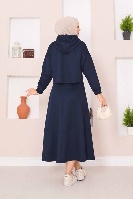 بدلة حجاب تنورة قصيرة بغطاء رأس وسحاب باللون الأزرق الداكن