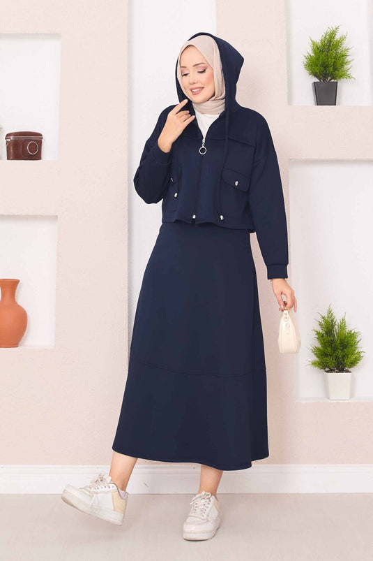 Ensemble Hijab Jupe Courte À Capuche Zippée Bleu Marine