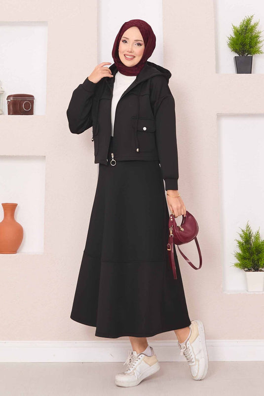 Ensemble hijab noir avec jupe courte à capuche zippée