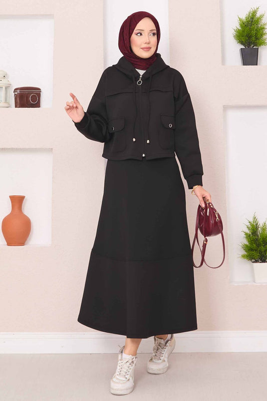 Ensemble hijab noir avec jupe courte à capuche zippée