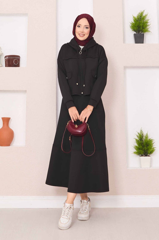 Ensemble hijab noir avec jupe courte à capuche zippée