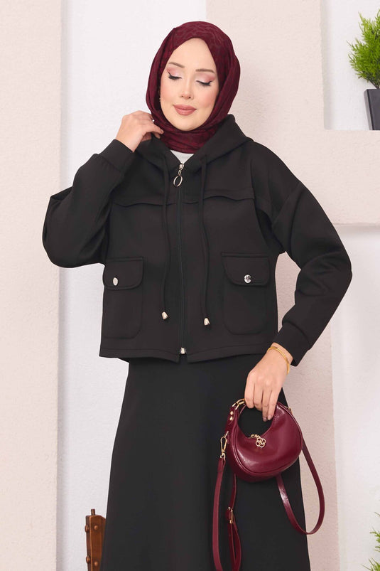 Ensemble hijab noir avec jupe courte à capuche zippée