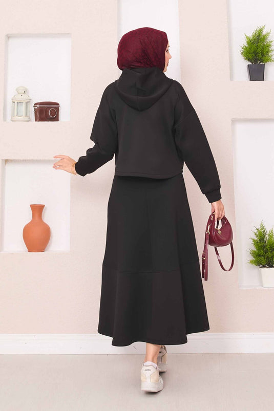 Ensemble hijab noir avec jupe courte à capuche zippée