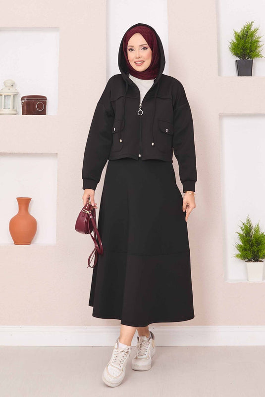 Ensemble hijab noir avec jupe courte à capuche zippée