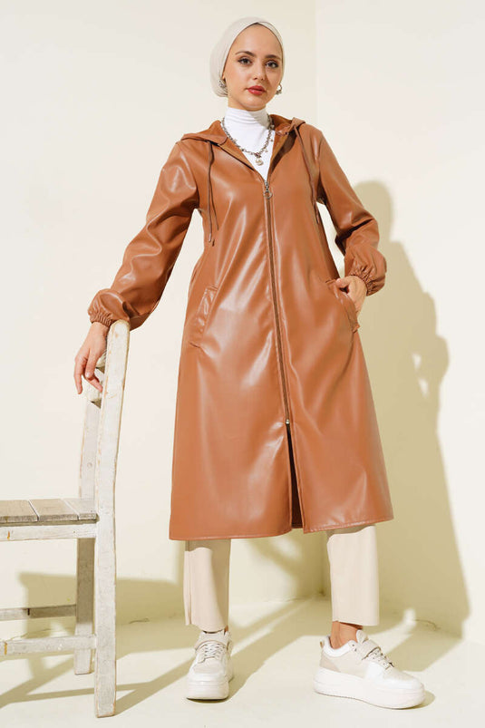 Casquette Zippée à Capuche en Cuir Camel