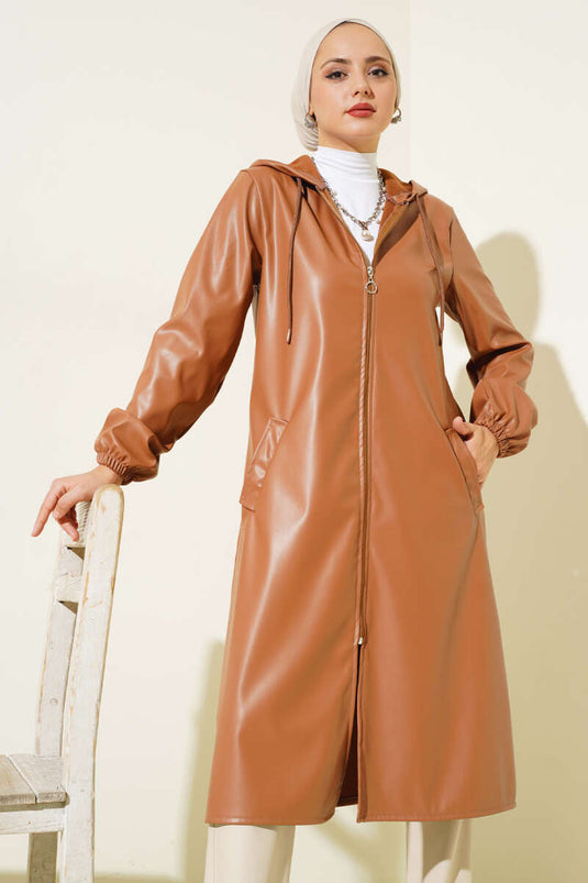 Casquette Zippée à Capuche en Cuir Camel