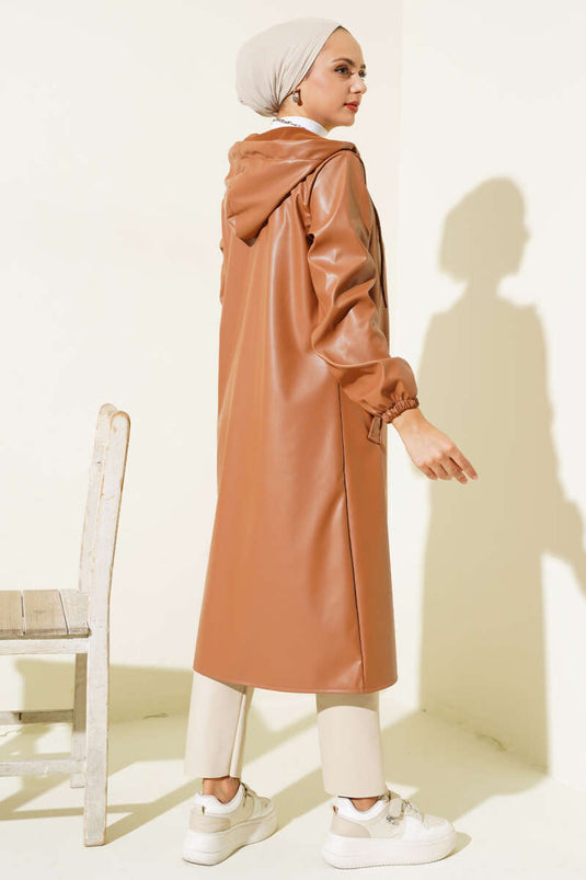 Casquette Zippée à Capuche en Cuir Camel