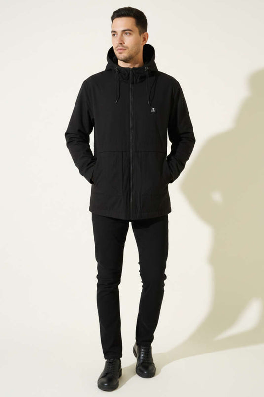 Fermuarlı Kapüşonlu Erkek Mevsimlik Mont Siyah