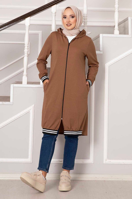 Zippered Hooded Coat Beige