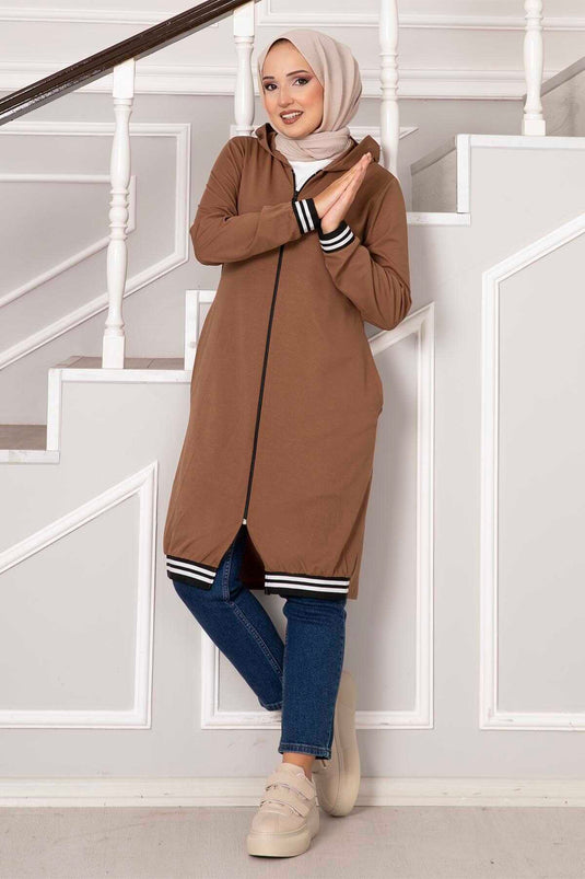 Zippered Hooded Coat Beige