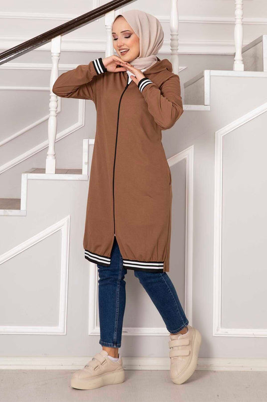 Zippered Hooded Coat Beige