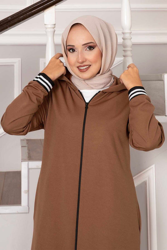 Zippered Hooded Coat Beige