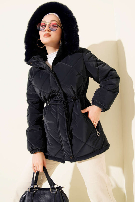 Fermuarlı Kapüşonlu Kısa Kapitone Mont Lacivert