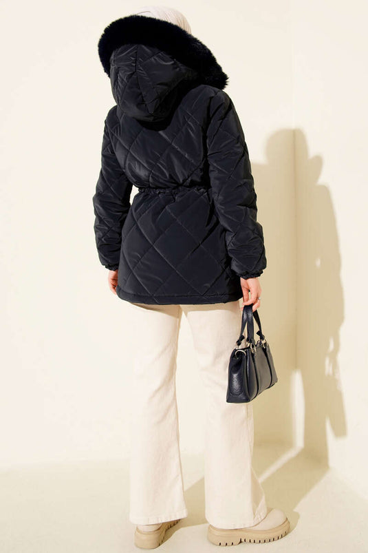 Fermuarlı Kapüşonlu Kısa Kapitone Mont Lacivert