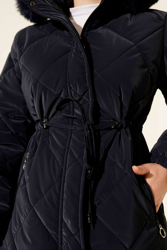 Fermuarlı Kapüşonlu Kısa Kapitone Mont Lacivert