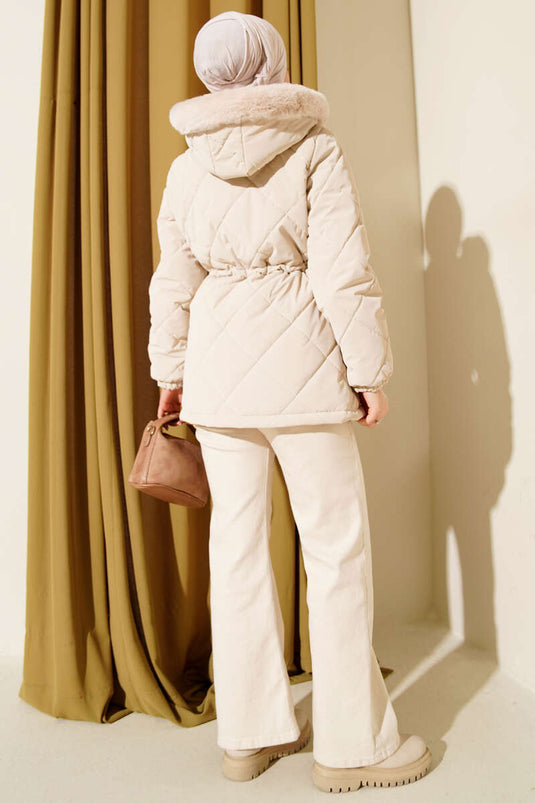 Fermuarlı Kapüşonlu Kısa Kapitone Mont Taş