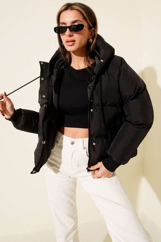 Reißverschluss Kapuzen Kurze Steppjacke Schwarz