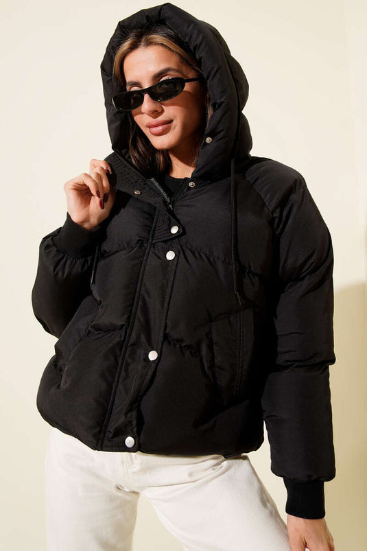 Reißverschluss Kapuzen Kurze Steppjacke Schwarz