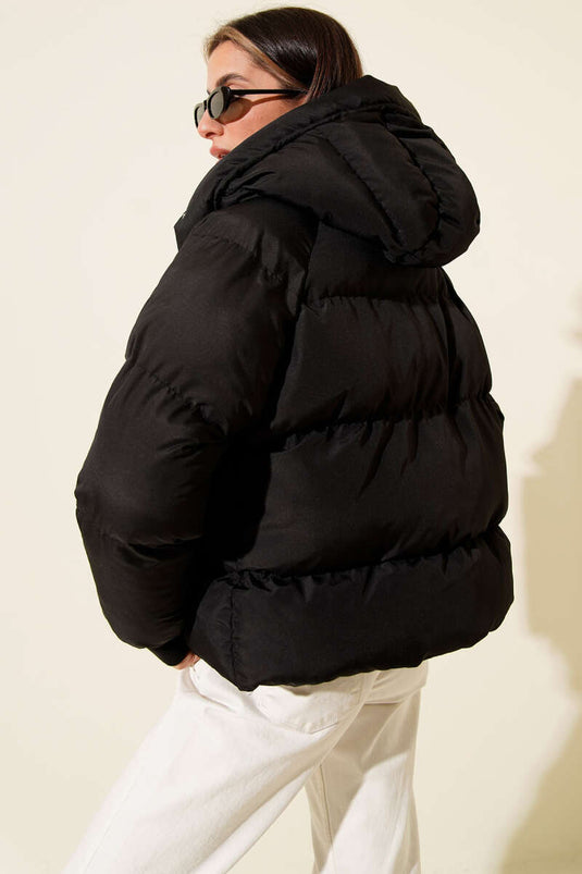 Reißverschluss Kapuzen Kurze Steppjacke Schwarz