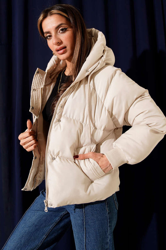 Fermuarlı Kapüşonlu Kısa Şişme Mont Taş