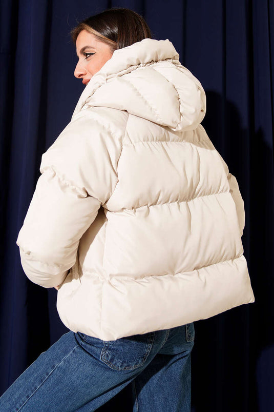 Fermuarlı Kapüşonlu Kısa Şişme Mont Taş