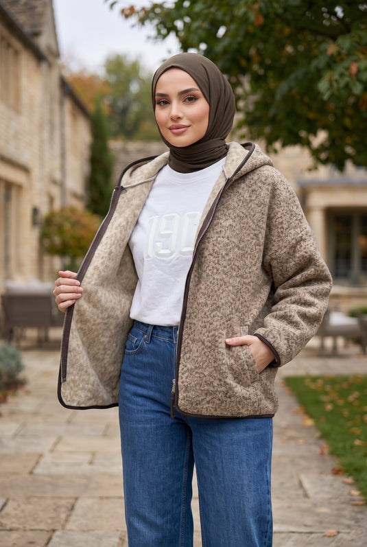 Zippered Hooded Fleece Coat In Coffee