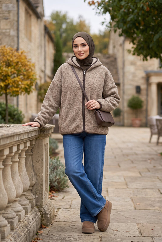 Zippered Hooded Fleece Coat In Coffee