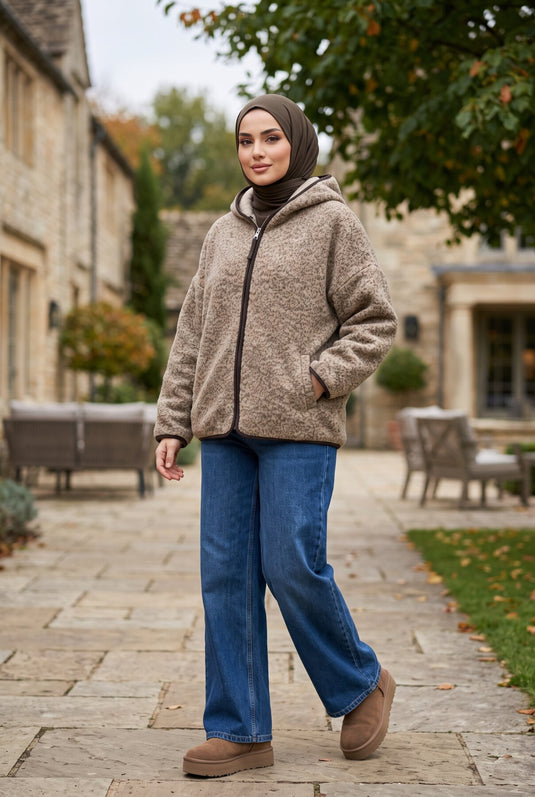 Zippered Hooded Fleece Coat In Coffee