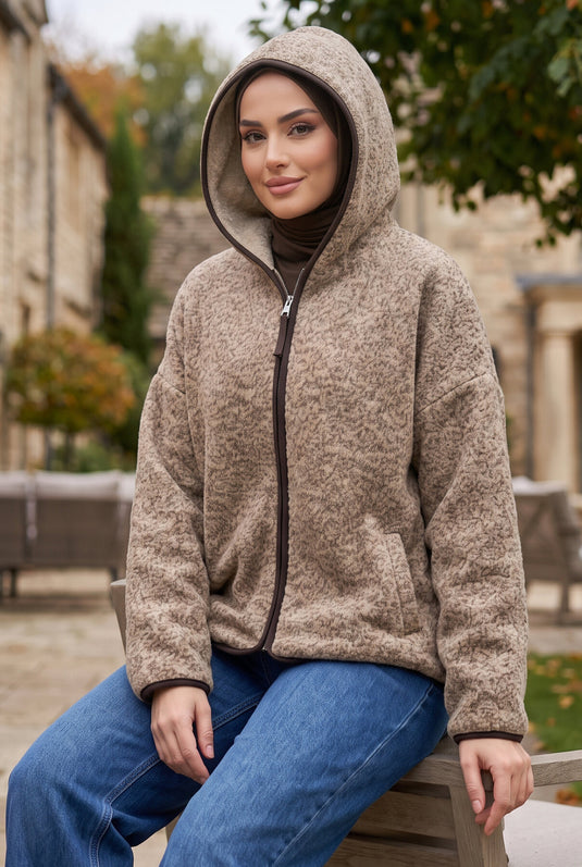 Zippered Hooded Fleece Coat In Coffee