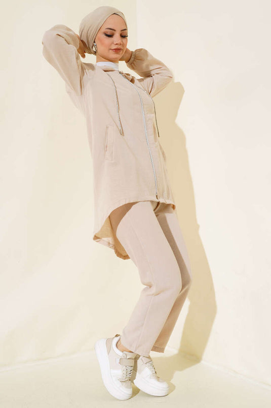 Costume Double Décontracté à Capuche Zippé Beige