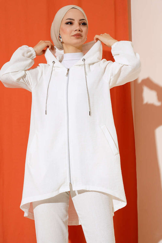 Costume double décontracté à capuche et fermeture éclair blanc