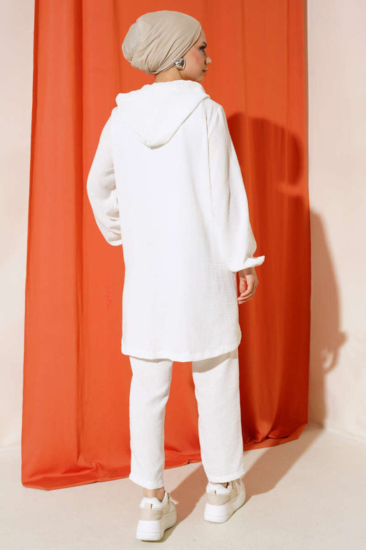 بدلة مزدوجة كاجوال بغطاء للرأس بسحاب باللون الأبيض