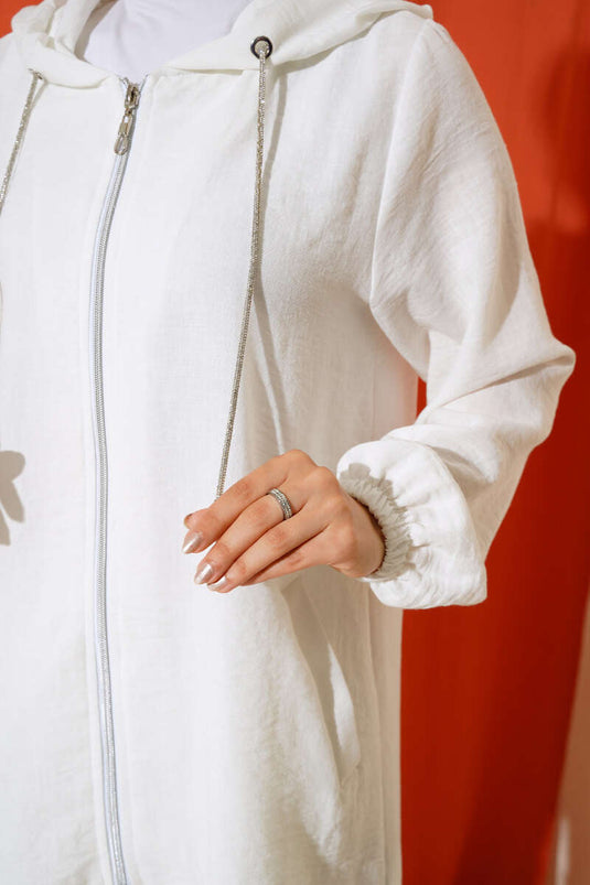 بدلة مزدوجة كاجوال بغطاء للرأس بسحاب باللون الأبيض