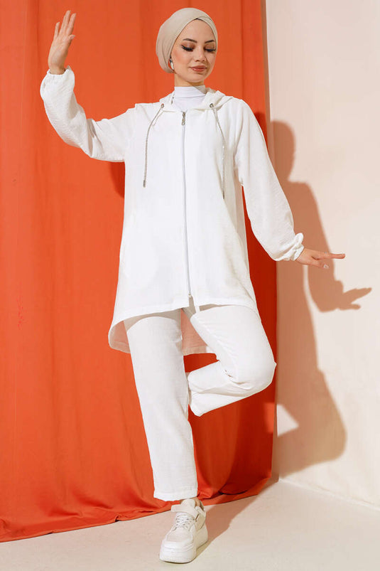 Costume double décontracté à capuche et fermeture éclair blanc