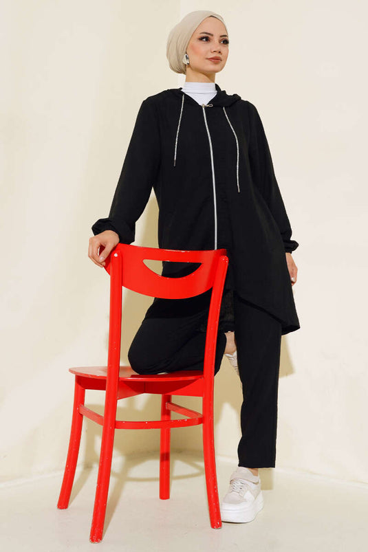 Costume double décontracté à capuche et fermeture éclair noir