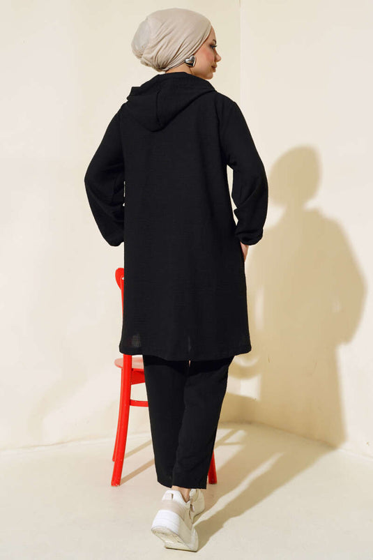 Costume double décontracté à capuche et fermeture éclair noir