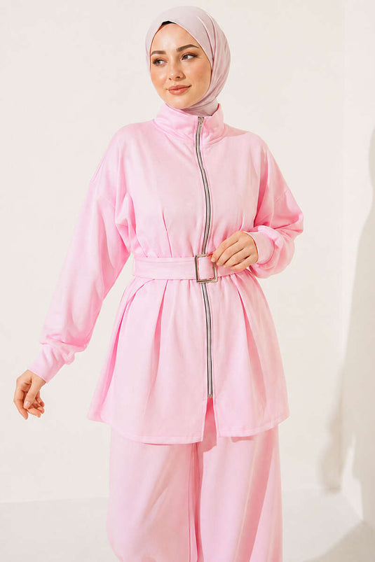 Fermuarlı Kare Kemerli İkili Takım Pembe