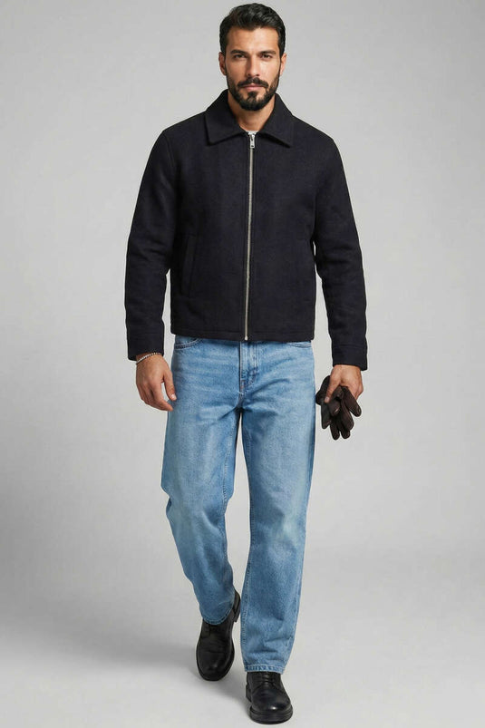 Fermuarlı Kaşe Erkek Ceket Siyah