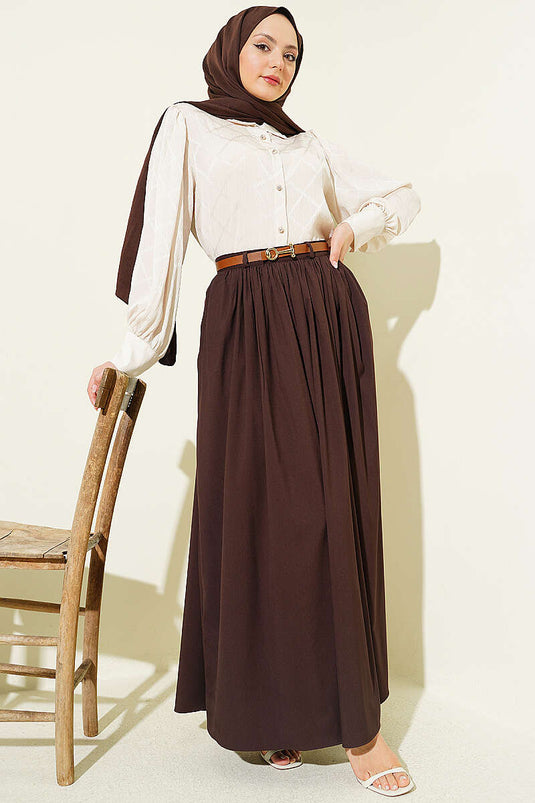 Zippered Belted Gathered Skirt Brown