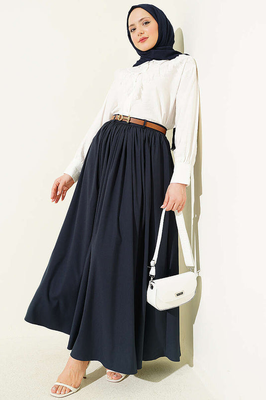Navy Blue Skirt with Zipper, Belt, and Gathered Detail