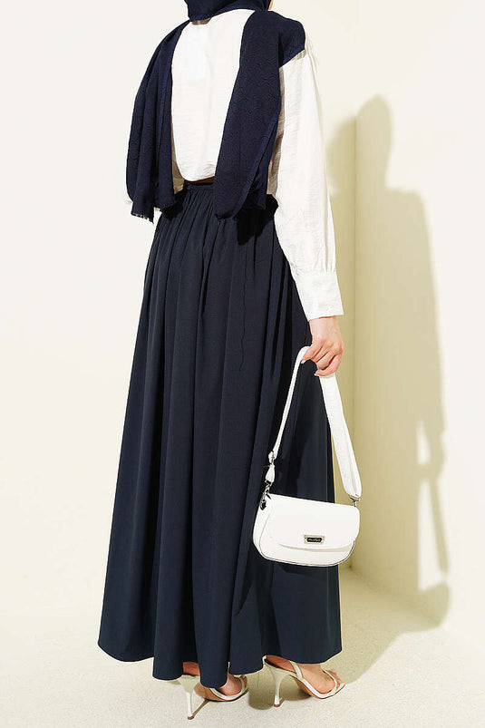Navy Blue Skirt with Zipper, Belt, and Gathered Detail