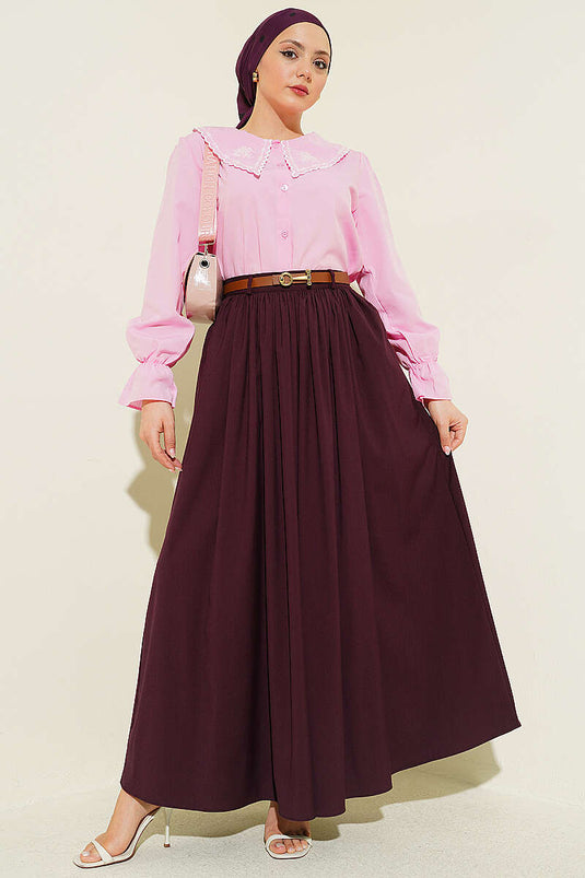 Zippered Belted Gathered Skirt Plum