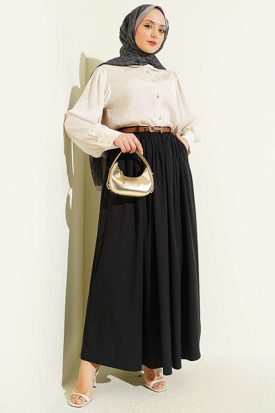 Black Skirt with Zipper, Belt, and Gathered Detail