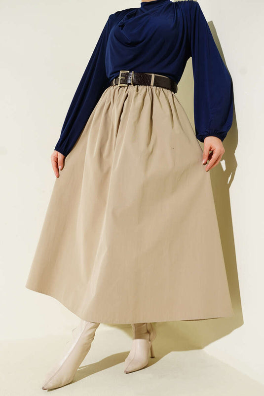 Zippered Belted Poplin Skirt Beige