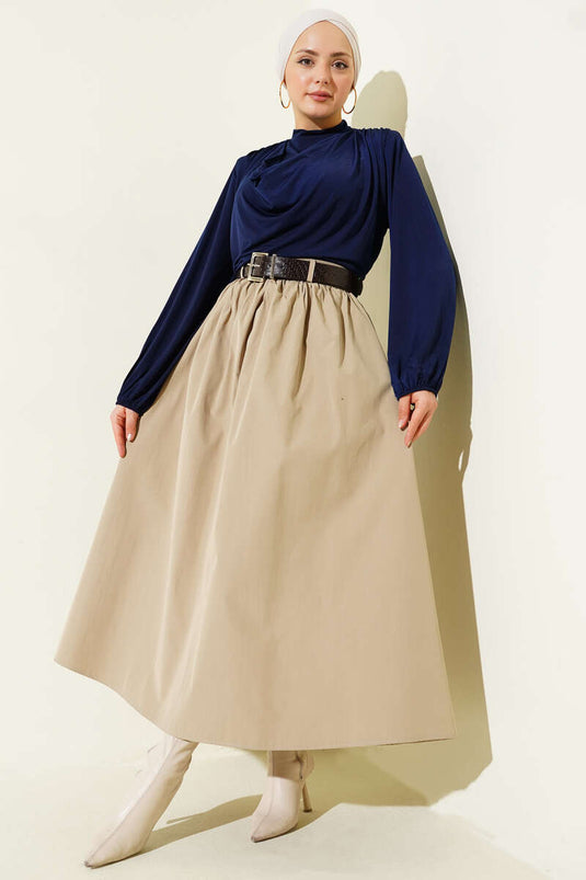 Zippered Belted Poplin Skirt Beige