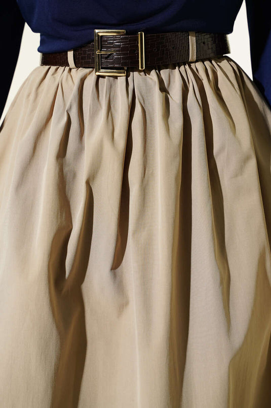 Zippered Belted Poplin Skirt Beige